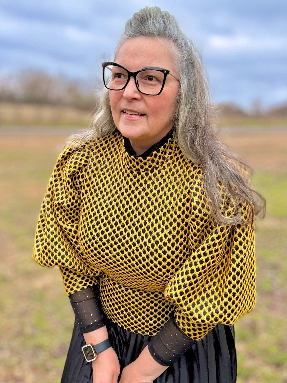 Textured Golden Yellow Puff-Sleeve Blouse